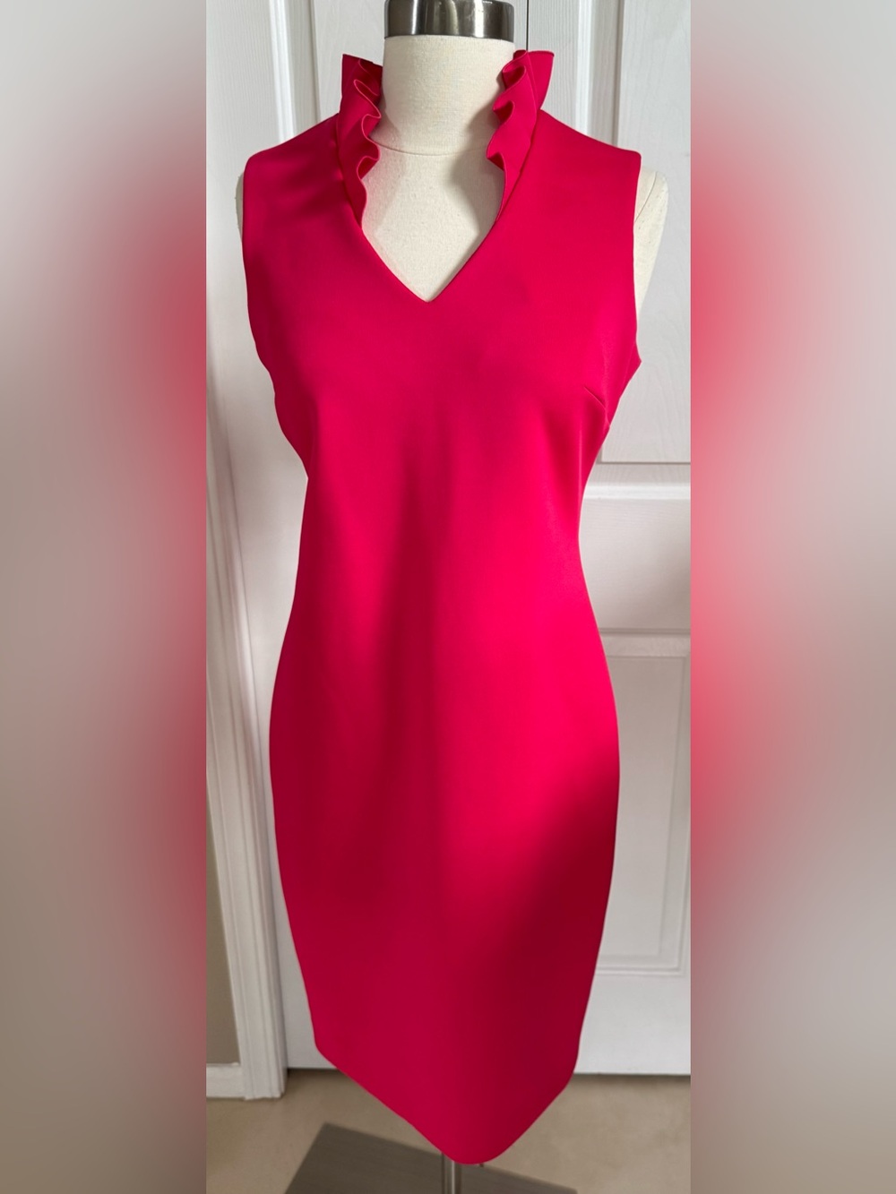 Calvin Klein Sleeveless V-Neck Midi Dress in Hot Pink